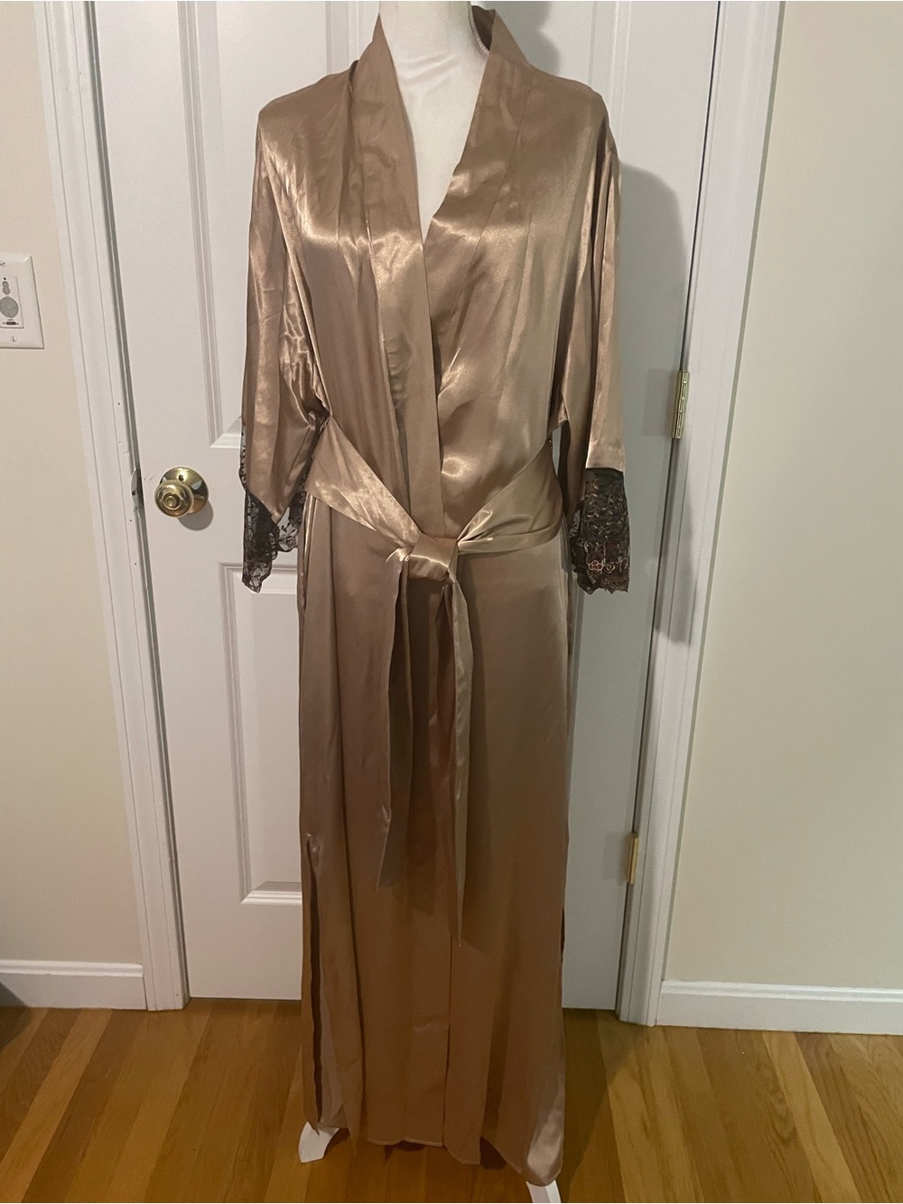 Valerie Stevens Long Satin look Robe with Lace Cuffs in Taupe
